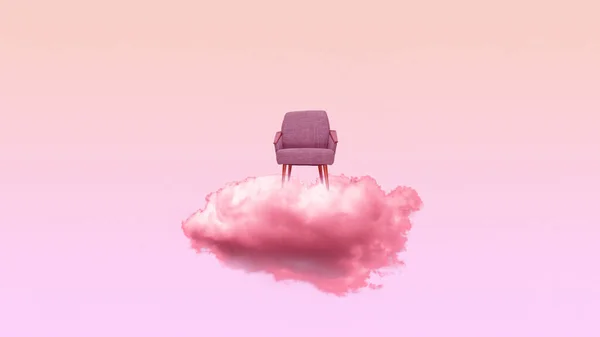 Fotel Stojący Chmurach Tle Różowego Nieba Czas Myślenie Koncepcja Kolaż — Zdjęcie stockowe