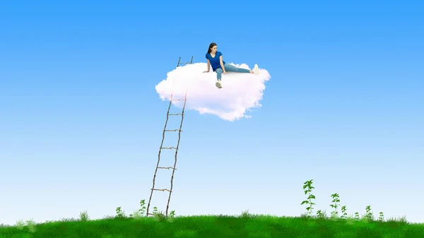 Молодая Женщина Сидит Пушистом Облаке Над Голубым Небом Внутренний Мир — стоковое фото