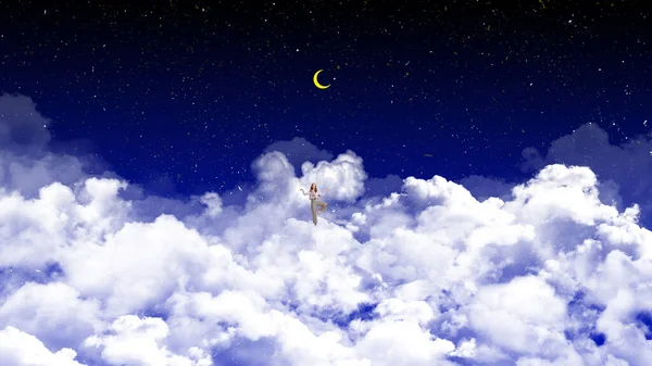 Giovane Donna Piedi Nuvole Sopra Sfondo Cielo Con Stelle Luna — Foto Stock