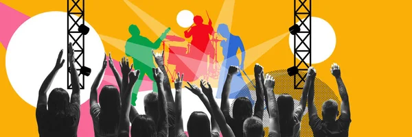 Музиканти Роблять Живий Виступ Концерт Люди Танцюють Силуети Сучасне Мистецтво — стокове фото