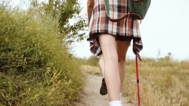 快乐的年轻人 穿着休闲装的男人和女人 在温暖的夏日徒步旅行 一起活跃的时间 自然景观 积极生活方式 休闲活动的概念 — 图库视频影像