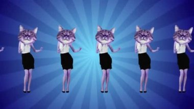 Kedi ağızlık takan, resmi giyinen, mavi arka planda dans eden kadın vücudunun yaratıcı tasarımı. Hareket etmeyi, animasyonu durdurun. Parti kavramı, sürrealizm, eğlence ve neşe, disko, hayvan teması, iş