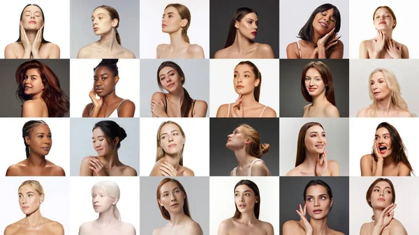 Κολάζ Όμορφες Τρυφερές Γυναίκες Διαφορετικού Χρώματος Δέρματος Εθνικότητας Και Ηλικίας — Φωτογραφία Αρχείου