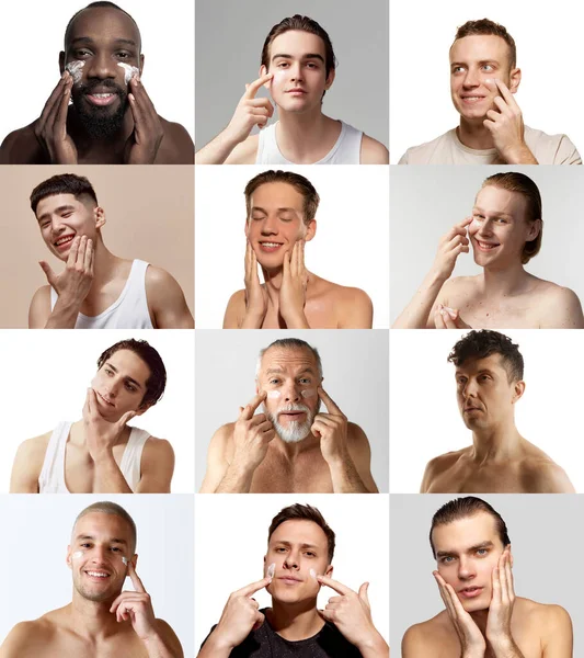 コラージュ 異なる年齢と国籍の男性は ライトスタジオの背景に保湿し 世話をする スキンケア 天然男性美 化粧品 化粧品 広告のコンセプト — ストック写真