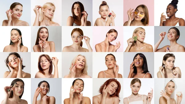 Kollázs Gyönyörű Csinos Különböző Korú Nemzetiségű Nők Akik Kozmetikumokkal Ápolják — Stock Fotó