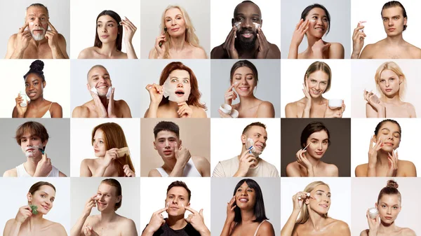 大学生活 不同年龄和不同国籍的男性和女性在使用化妆品处理皮肤病后需要注意 自然美 整形外科 化妆品 广告等概念 — 图库照片