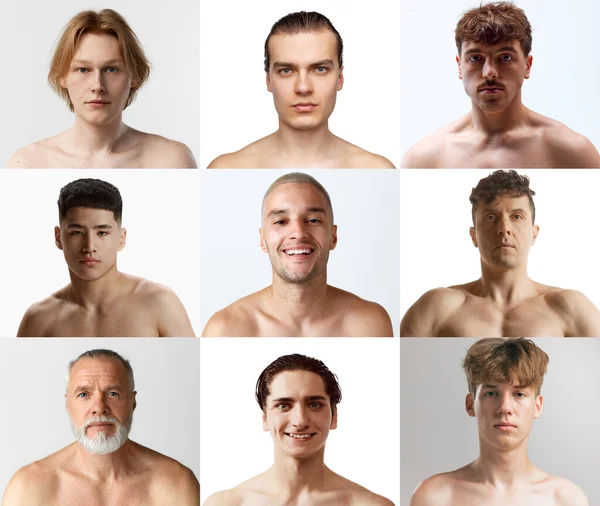 Colagem Feita Homens Diferentes Idade Nacionalidade Diversificada Cuidando Pele Com — Fotografia de Stock