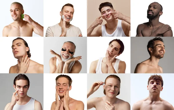 男性化粧品で肌をケアする多様な年齢と国籍の異なる男性で作られたコラージュ スキンケア 自然美 プラスチック手術 化粧品 広告のコンセプト — ストック写真