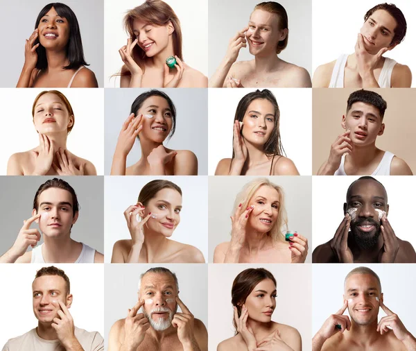 コラージュ 異なる年齢と国籍の男性と女性は 化粧品で肌の状態を世話しています スキンケア 自然美 プラスチック手術 化粧品 広告のコンセプト — ストック写真