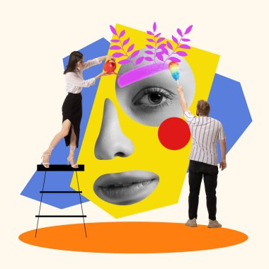 Genç bir kadının akıl sağlığıyla ilgilenen erkek ve kadın. Zihni boşaltıyorum, sakinliğimi geliştiriyorum. Kavramsal tasarım. Çağdaş sanat kolajı. Psikoloji, iç dünya, yaşam tarzı, sürrealizm, reklam konsepti