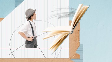 Kavramsal sanat kolajı. Retro tarzı. Küçük çocuk, ödev yapan çocuk, ders çalışan, öğrenen ve hikaye okuyan. Eğitim kavramı, çocukluk, okul, okula dönüş, duygular, reklam