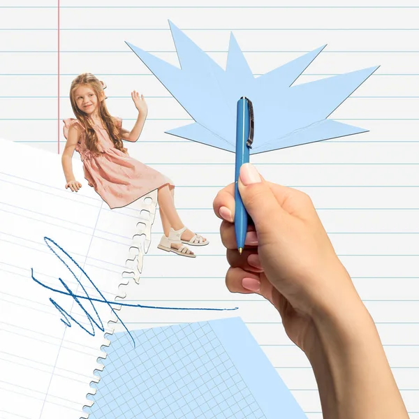 Conceptual art collage. Little pretty girl, child sitting on notebook sheet and waving. Ready to study, writing lessons. Concept of education, childhood, school, back to school, emotions, ad