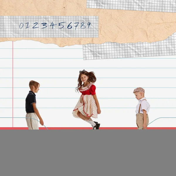 Conceptual art collage. Math lessons. Cheerful little boy and girl attending school, playing and studying. Concept of education, childhood, school, back to school, emotions, ad