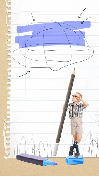 Kolaż Sztuki Konceptualnej Mały Uczeń Dziecko Szachownicy Okulary Stojące Wielkim — Zdjęcie stockowe
