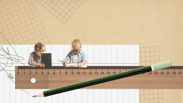 Conceptual art collage. Little boys, children doing math homework, studying, learning lessons. Smart kids. Concept of education, childhood, school, back to school and emotions, ad