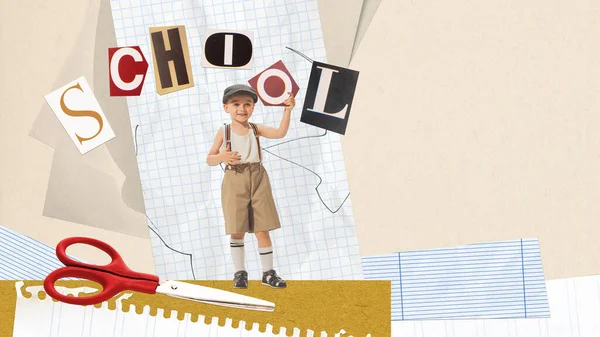 Konzeptkunst Collage Kleiner Fröhlicher Junge Kind Retro Klamotten Bereit Zur — Stockfoto