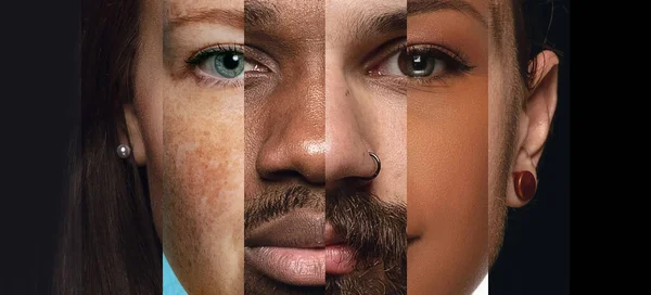 多様な年齢と人種の男性と女性の異なる肖像画から作られた人間の顔 顔の組み合わせについて フレンドシップ 社会的平等 多様性 受け入れの概念 — ストック写真
