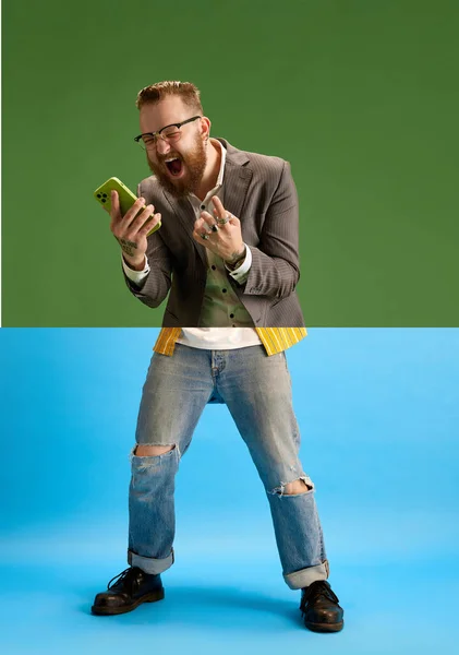 Collage Bärtiger Mann Vor Grünem Und Blauem Hintergrund Emotionale Telefongespräche — Stockfoto