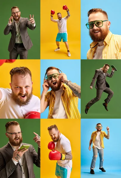 Collage Made Portraits Emotional Bearded Man Different Clothes Posing Multicolored — Stock Photo, Image
