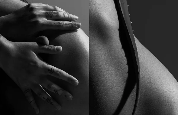 Grace and elegance. Close-up image of female different body parts. Tender touch. Monochrome photography. Black and white. Body art, aesthetics, skin, body care, sensuality concept. Banner, wallpaper