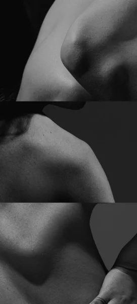 Collage. Close-up of tender female body of different parts. Black and whe image. Monochrome. Concept of body art, aesthetics, skin and body care, sensuality. Banner, wallpaper