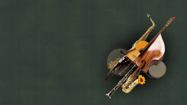 Combinación Diferentes Instrumentos Musicales Violín Guitarra Trompeta Saxofón Clarinete Contrabajo —  Fotos de Stock