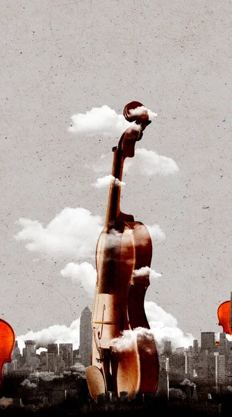 モノクロの街を背景にしたヴァイオリンのクリエイティブデザイン 現代アートコラージュ 縦のレイアウト フェスティバル 創造性 ミニマリスト シュレアリズムの概念 ポスター — ストック写真