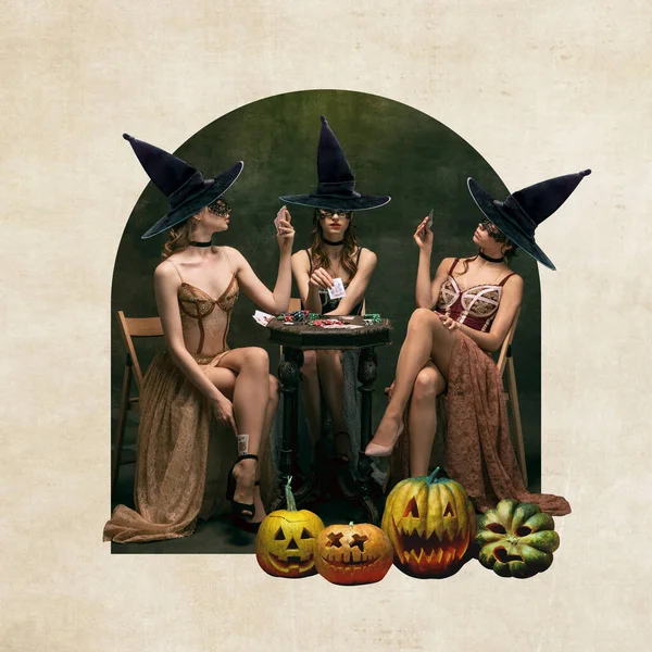 Beautiful Women Three Witches Hats Elegant Dresses Playing Cards Pumpkins — Stock Photo, Image