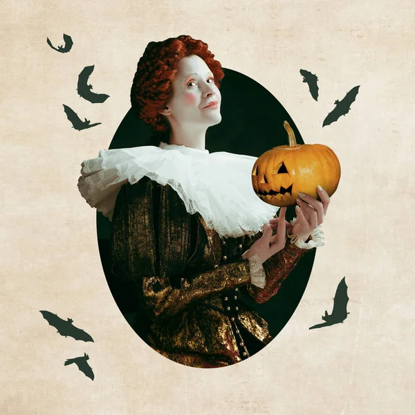 Creepy Portrait Medieval Queen Vintage Dress Pale Face Holding Pumpkin — Stock Photo, Image
