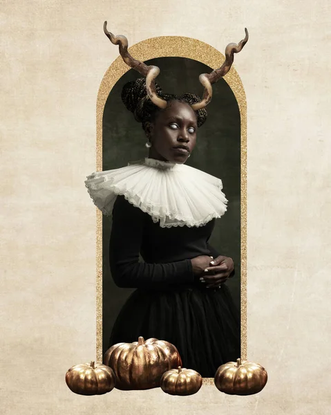 Medieval African Young Woman Black Vintage Dress White Collar Animal — Stock Photo, Image