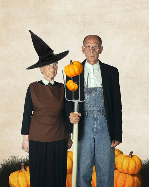 Witch Family Man Woman Vintage Clothes Standing Fork Pumpkin Holiday — Stock Photo, Image