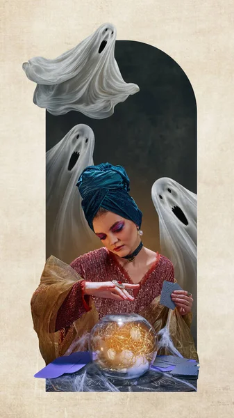 Future Prediction Young Woman Fortune Teller Magic Sphere Flying Ghost — Stock Photo, Image