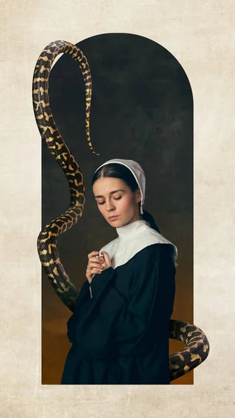 Portrait Medieval Woman Image Nun Snake Her Hidden Sin Power — Stock Photo, Image