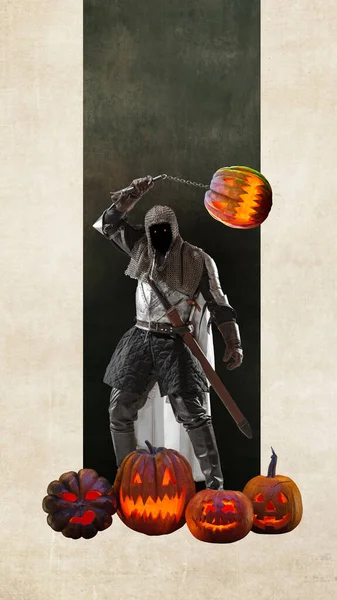 Creepy Ghost Man Image Medieval Warrior Pumpkins Revenge Contemporary Art — Stock Photo, Image