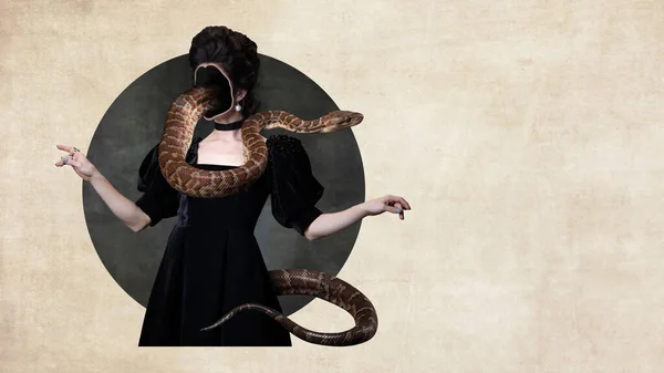 Elegant Faceless Woman Black Dress Snake Her Body Magic Spiritual — Stock Photo, Image