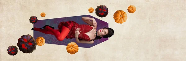 Elegant Beautiful Woman Red Dress Lying Pumpkins Contemporary Art Collage — Stock Photo, Image