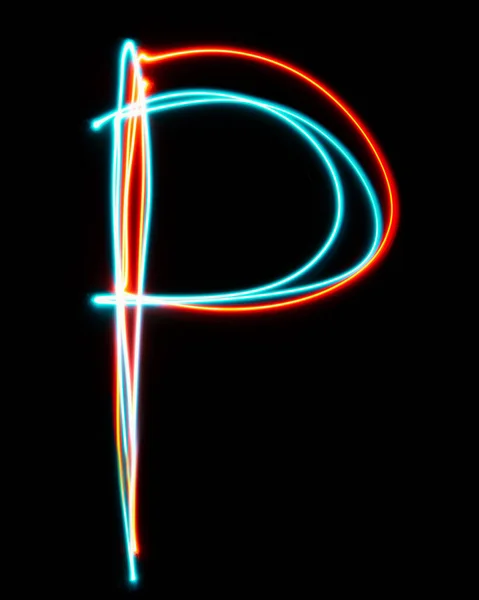 Letter P of the alphabet made from neon sign. The blue red light image, long exposure with colored fairy lights, against a black background. Concept of design