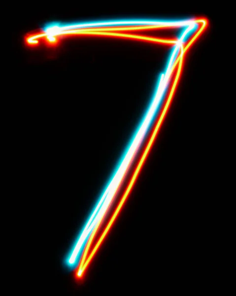 Neon Işaretinden Yapılan Alfabenin Numaralı Sayısı Mavi Kırmızı Işık Görüntüsü — Stok fotoğraf