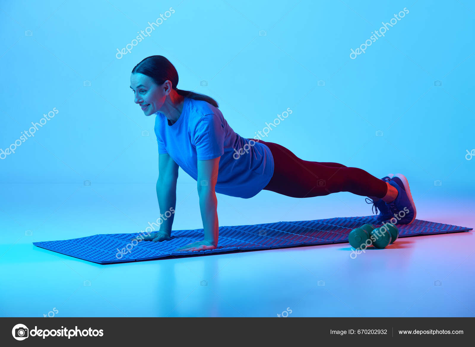 Beautiful Mature Woman Training Standing Plank Pose Blue Studio ...