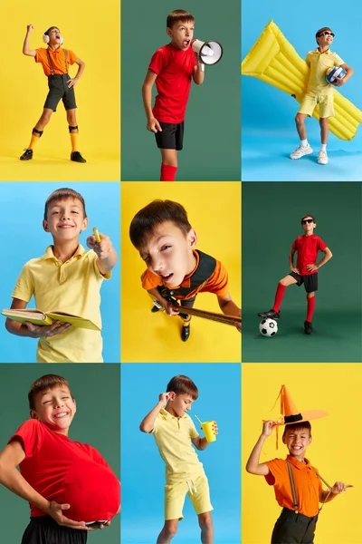 Collage Gjord Porträtt Liten Pojke Barn Poserar Med Positiva Känslor — Stockfoto