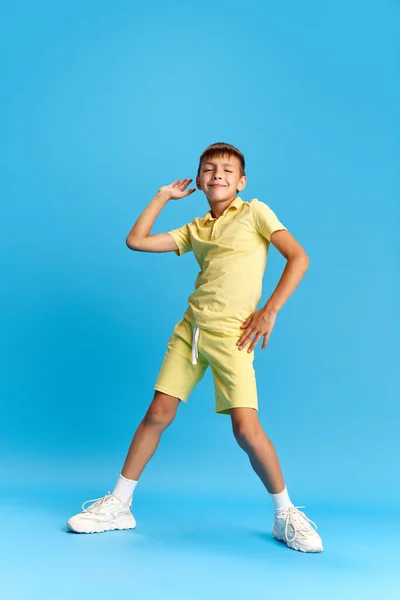 Full Length Cheerful Little Boy Child Casual Clothes Posing Dancing — Stock Photo, Image