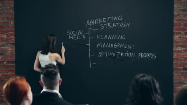 SOcial media pazarlama stratejisi. İş adamları, çalışanlar iş süreçlerini optimize etme stratejilerini tartışıyor. İş kavramı, planlama, strateji, beyin fırtınası, analitik, reklam