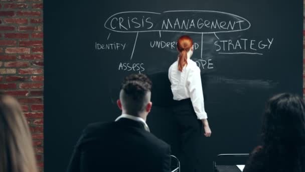 Young Woman Employee Writing Black Board Plan Crisis Management Meeting — Stock Video