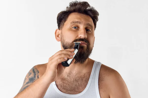 Handsome Mature Man Taking Care Beard Moustaches Shaver White Studio — Stock Photo, Image