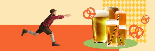 ビールタイム ファミリーラガービールでマグカップに走るカタールの服のMna 現代アートコラージュ オクトーバーフェスト 伝統的な祭り アルコール飲料の概念 ポスター バナー — ストック写真