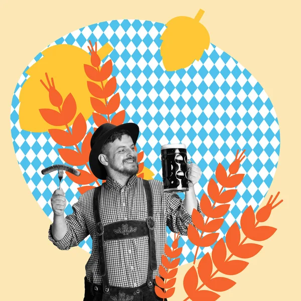 Cheerful man holding mug with beer and grilles sausage. Drink and appetizer. Contemporary art collage. Concept of Oktoberfest, holiday, traditional festival, alcohol drink. Poster, ad