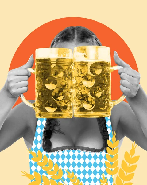 Woman Holding Huge Mugs Lager Beer Front Her Face Serving — Stock Photo, Image