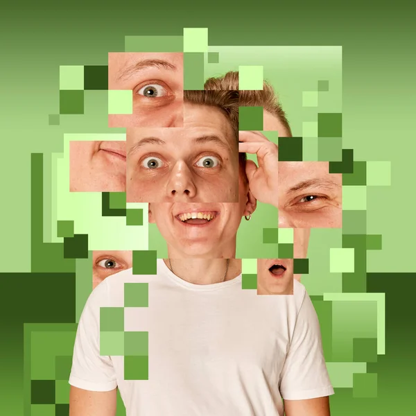 Mladý Muž Vyjadřující Odlišný Výraz Obličeje Zeleném Pozadí Puzzle Efekt — Stock fotografie