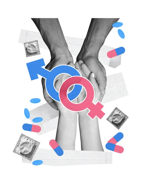 Hombre Mujer Tomados Mano Con Símbolos Género Masculino Femenino Condones — Foto de Stock