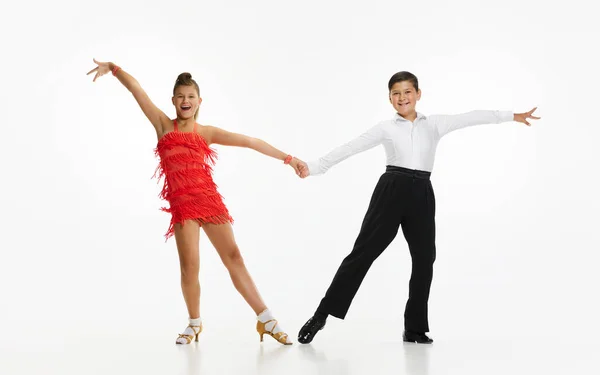 Talentované Krásné Umělecké Děti Chlapec Dívka Divadelních Kostýmech Tancující Retro — Stock fotografie